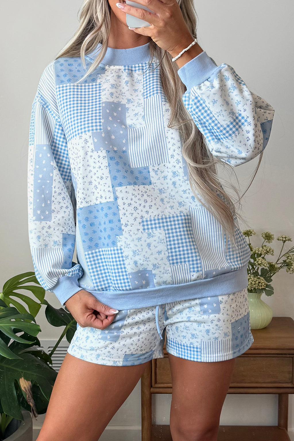 Sky Blue Patchwork Floral Print Drop Shoulder Baggy Pullover Drawstring Shorts Set PREORDER ETA 3 WEEKS