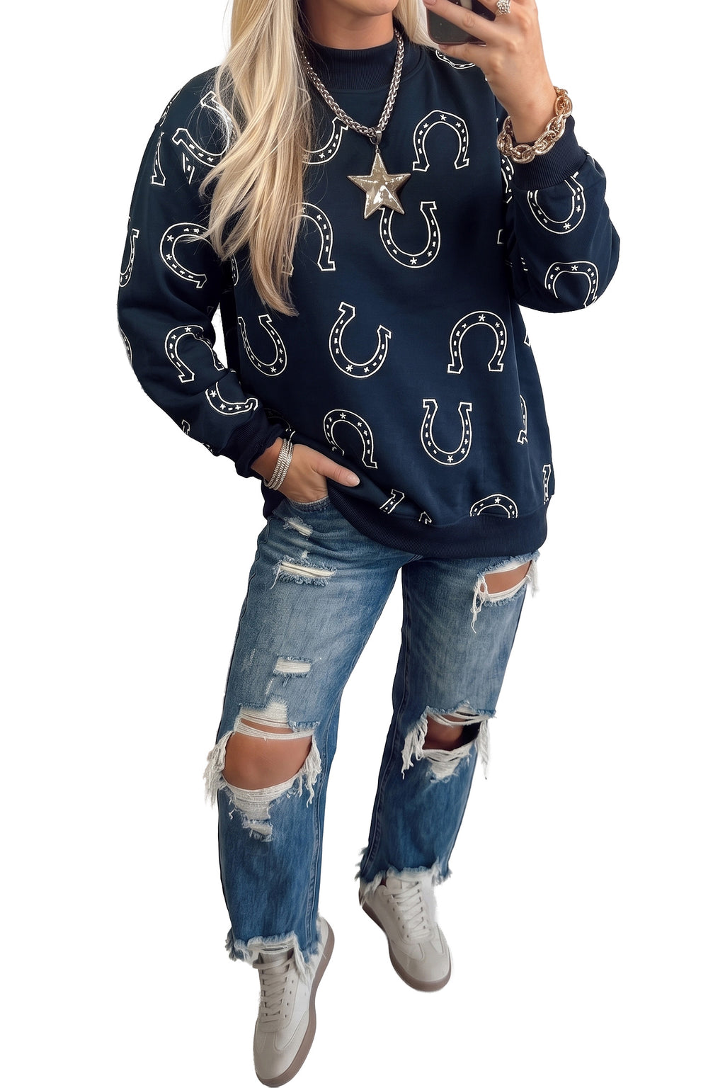 Blue Western Horseshoe Print Mock Neck Casual Pullover Sweatshirt PREORDER ETA 3 WEEKS