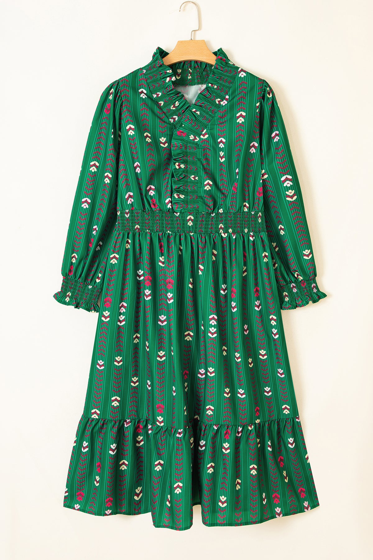 Green Floral Print V Neck Long Sleeve Shift Plus Size Dress PREORDER ETA 3 WEEKS