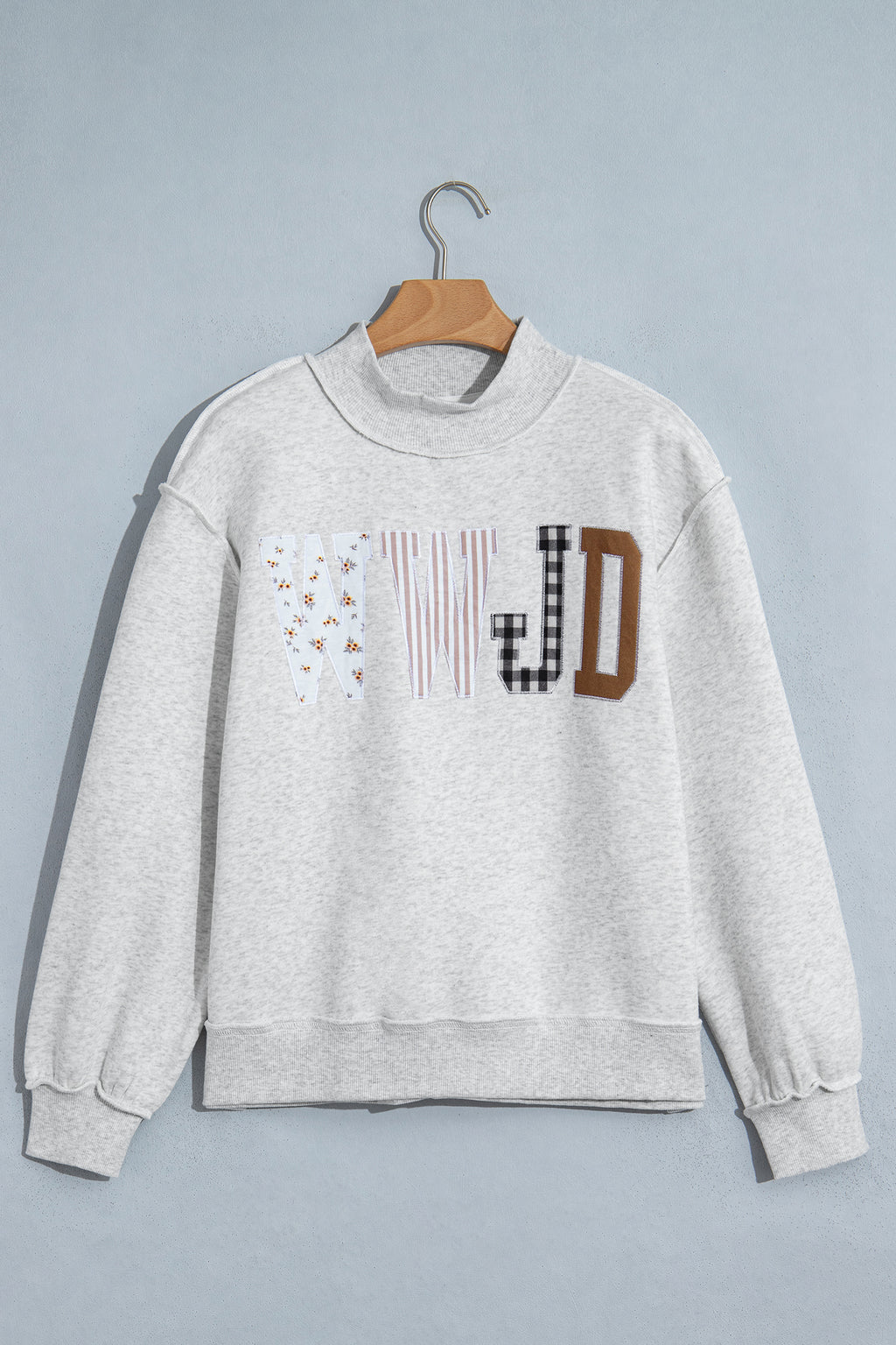Gray WWJD Mixed Pattern Embroidered Patch Graphic Mock Neck Sweatshirt PREORDER ETA 3 WEEKS
