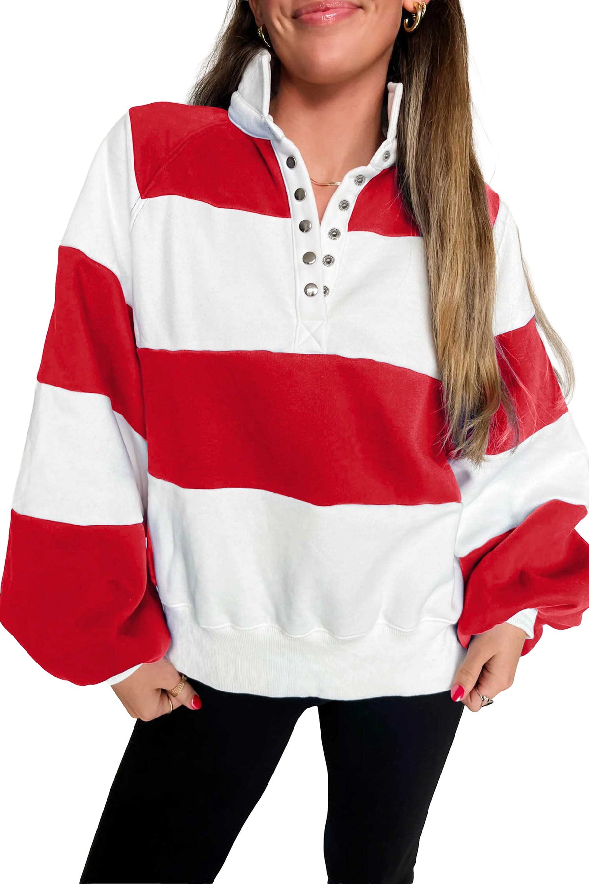 Fiery Red Striped Color Block Button V Neck Puff Sleeve Casual Sweatshirt PREORDER ETA 3 WEEKS