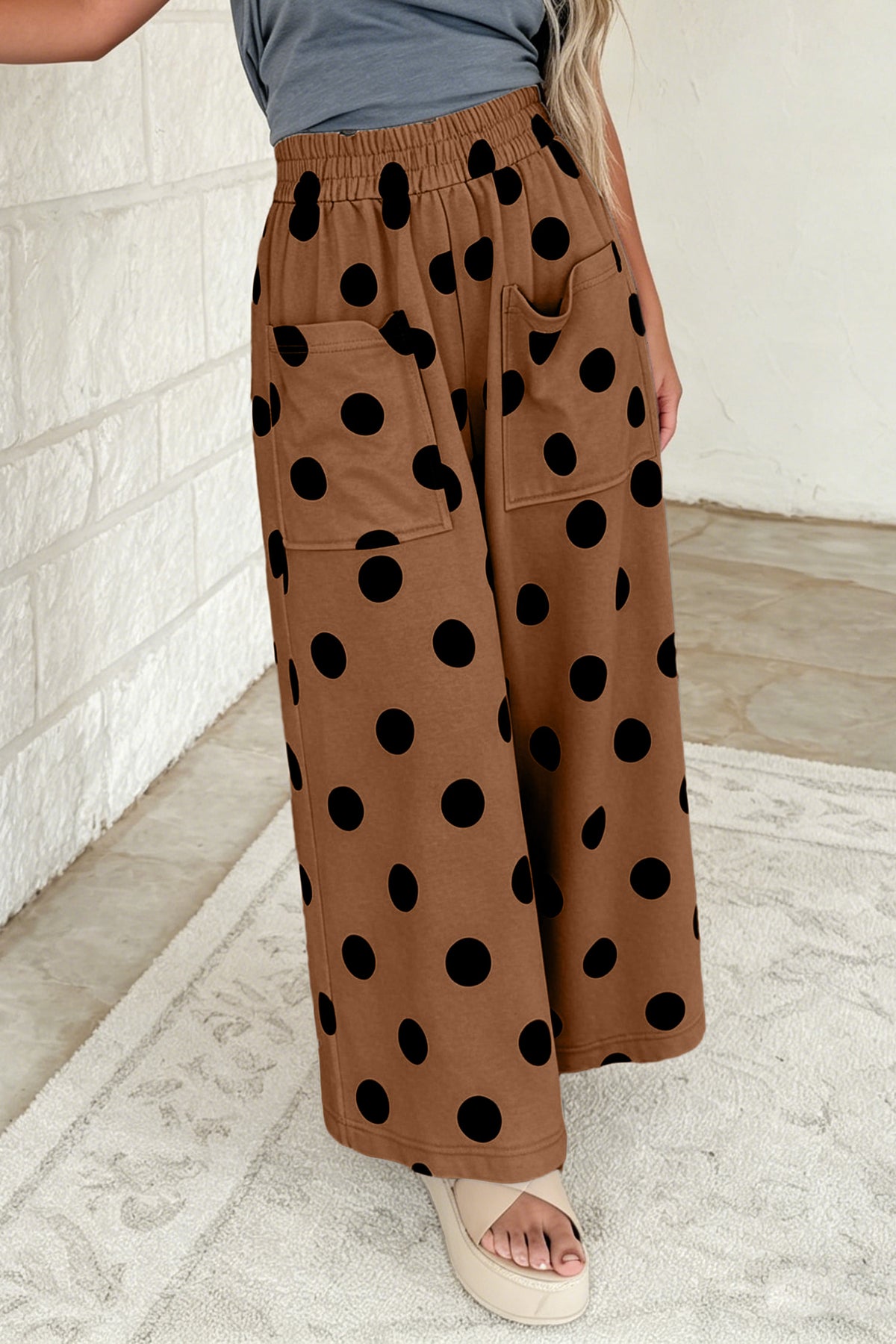 Brown Polka Dot Wide Leg Elastic Waist Casual Pants PREORDER ETA 3 WEEKS