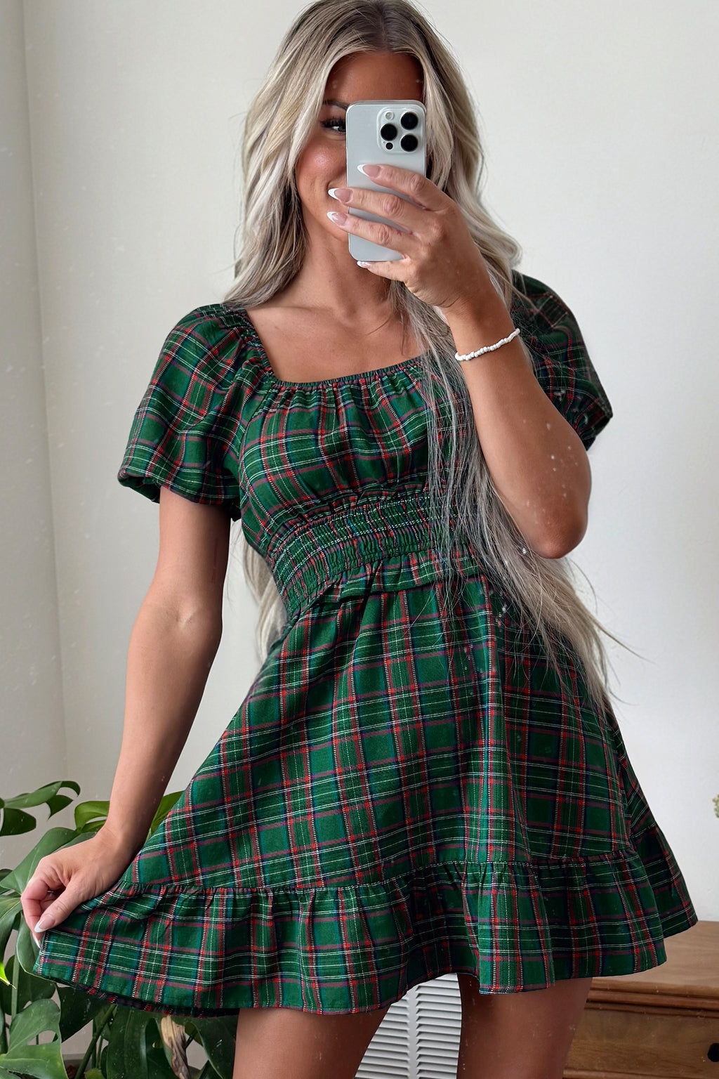Green Plaid Shirred U Neck Short Sleeve Mini Dress PREORDER ETA 3 WEEKS