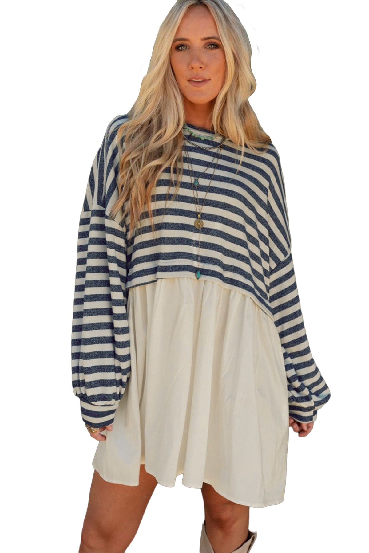 Blue Stripe Long Sleeve Pocketed Patchwork Hem Mini Dress PREORDER ETA 3 WEEKS