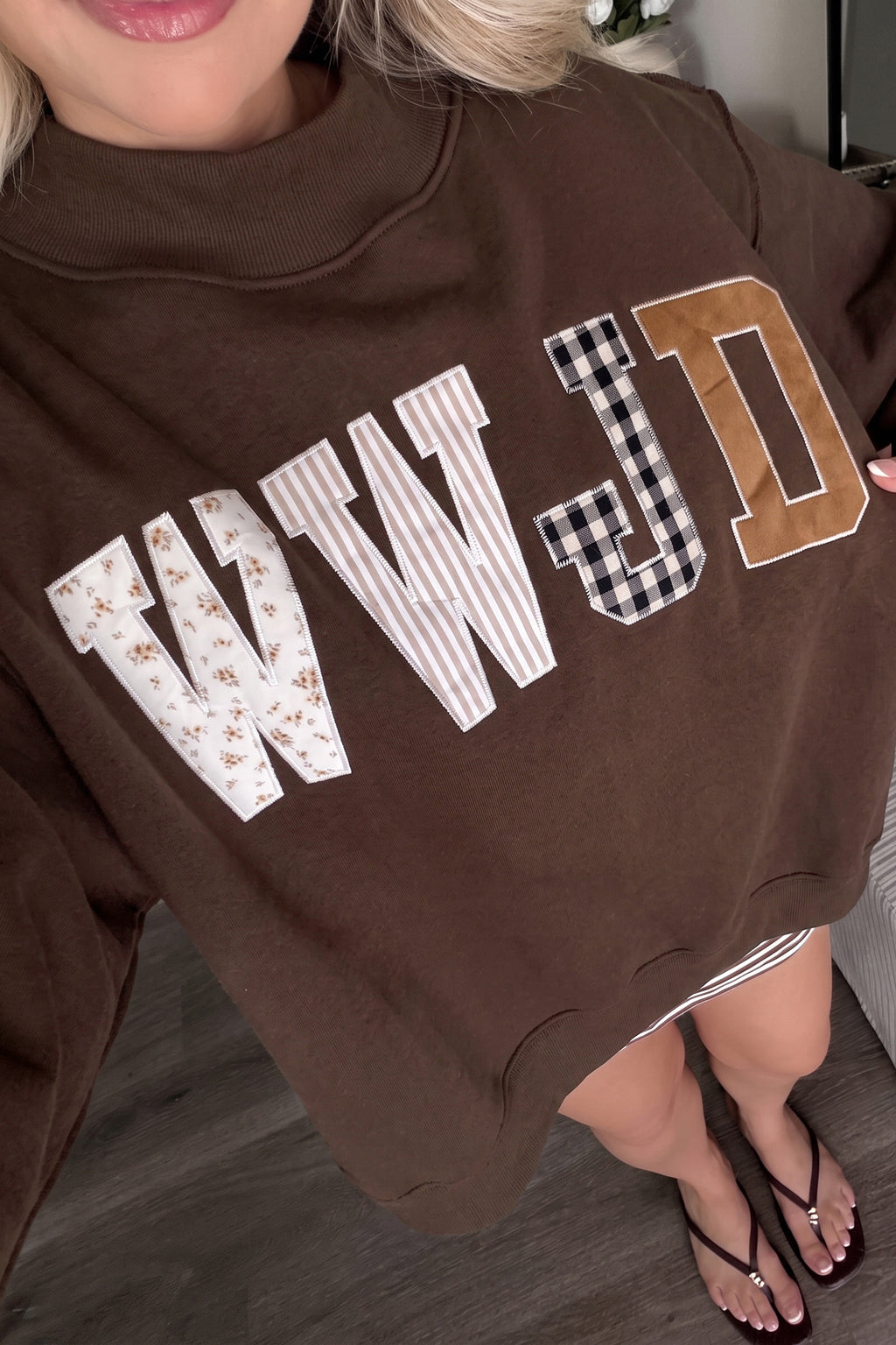Coffee WWJD Mixed Pattern Embroidered Patch Graphic Mock Neck Sweatshirt PREORDER ETA 3 WEEKS