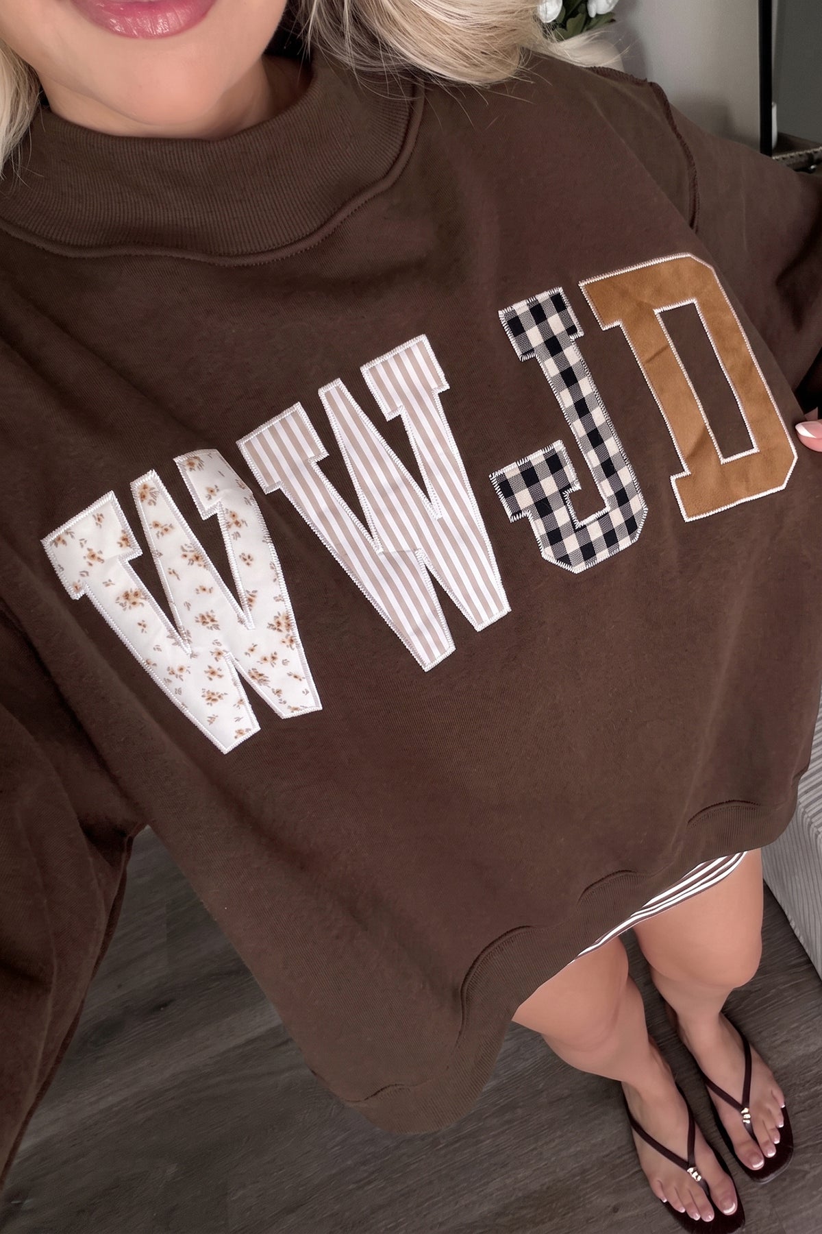 Coffee WWJD Mixed Pattern Embroidered Patch Graphic Mock Neck Sweatshirt PREORDER ETA 3 WEEKS