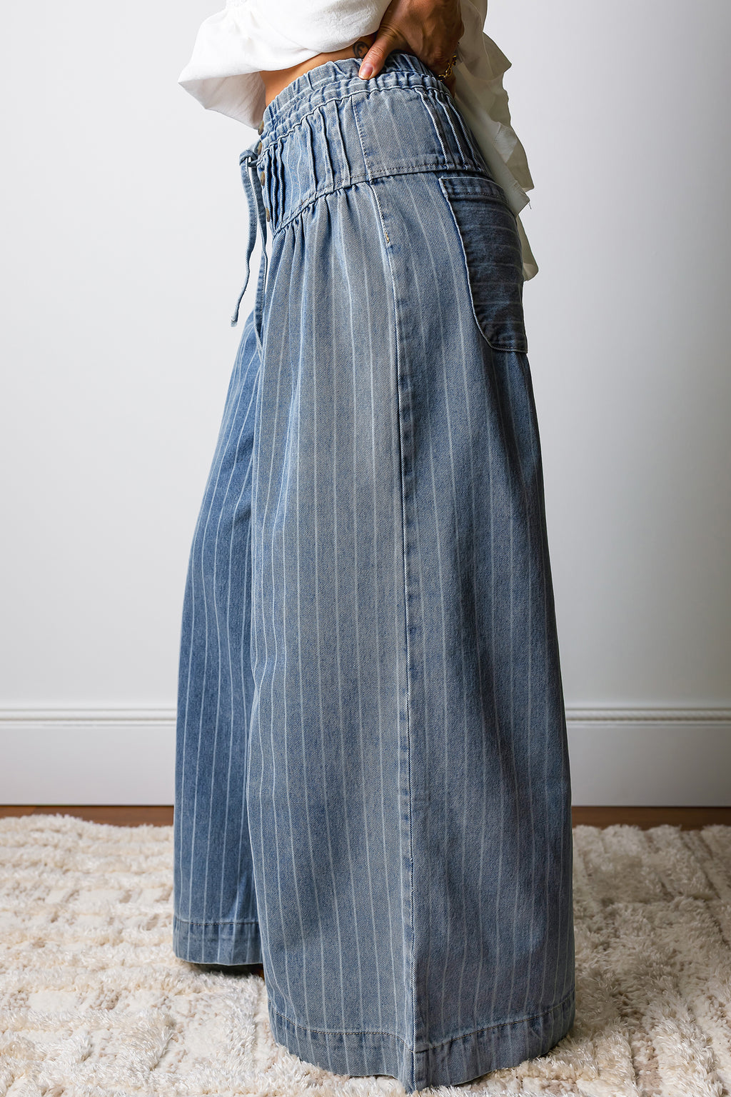 Sky Blue Stripe Button Pleated Drawstring Waist Casual Wide Leg Jeans PREORDER ETA 3 WEEKS