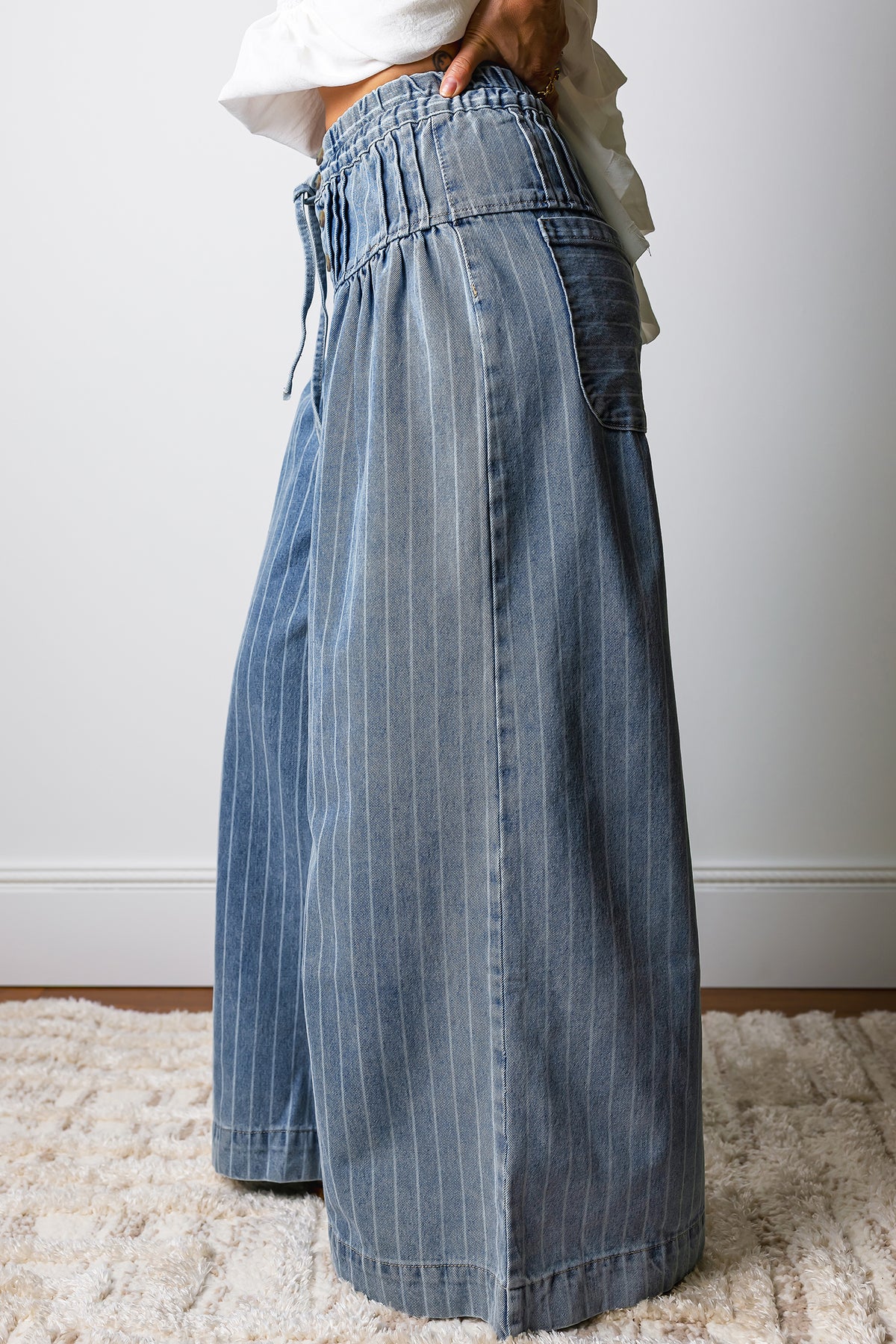 Sky Blue Stripe Button Pleated Drawstring Waist Casual Wide Leg Jeans PREORDER ETA 3 WEEKS