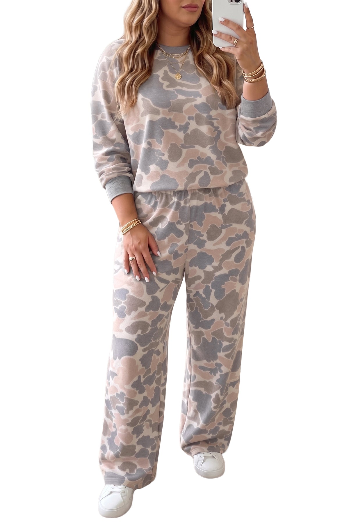 Multicolour Camouflage Long Sleeve Round Neck Two-Piece Plus Size Set PREORDER ETA 3 WEEKS