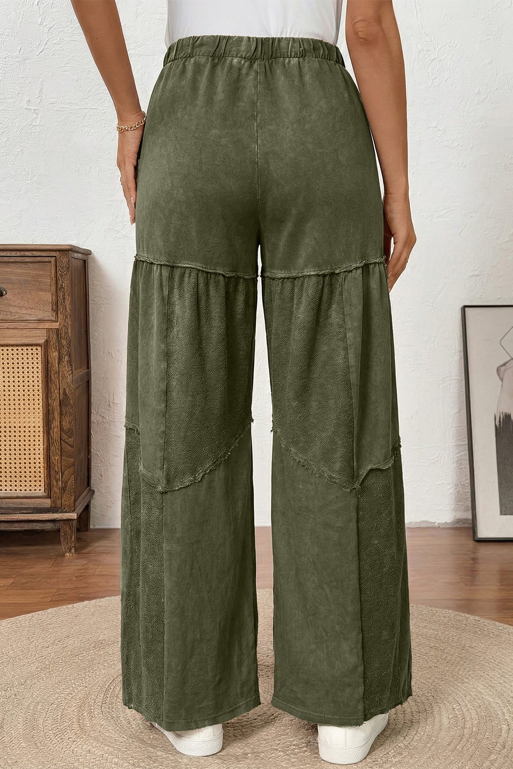 Vineyard Green Mineral Wash Tiered Wide Leg Patchwork Drawstring Pants PREORDER ETA 3 WEEKS