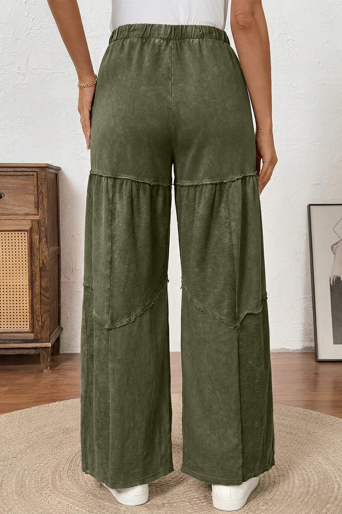 Vineyard Green Mineral Wash Tiered Wide Leg Patchwork Drawstring Pants PREORDER ETA 3 WEEKS