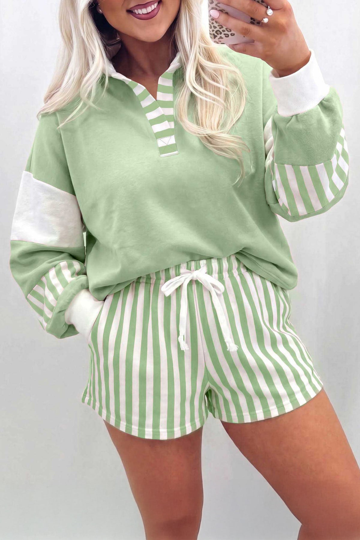 Black Striped Color Block Pullover Top Drawstring Shorts Set PREORDER ETA 3 WEEKS