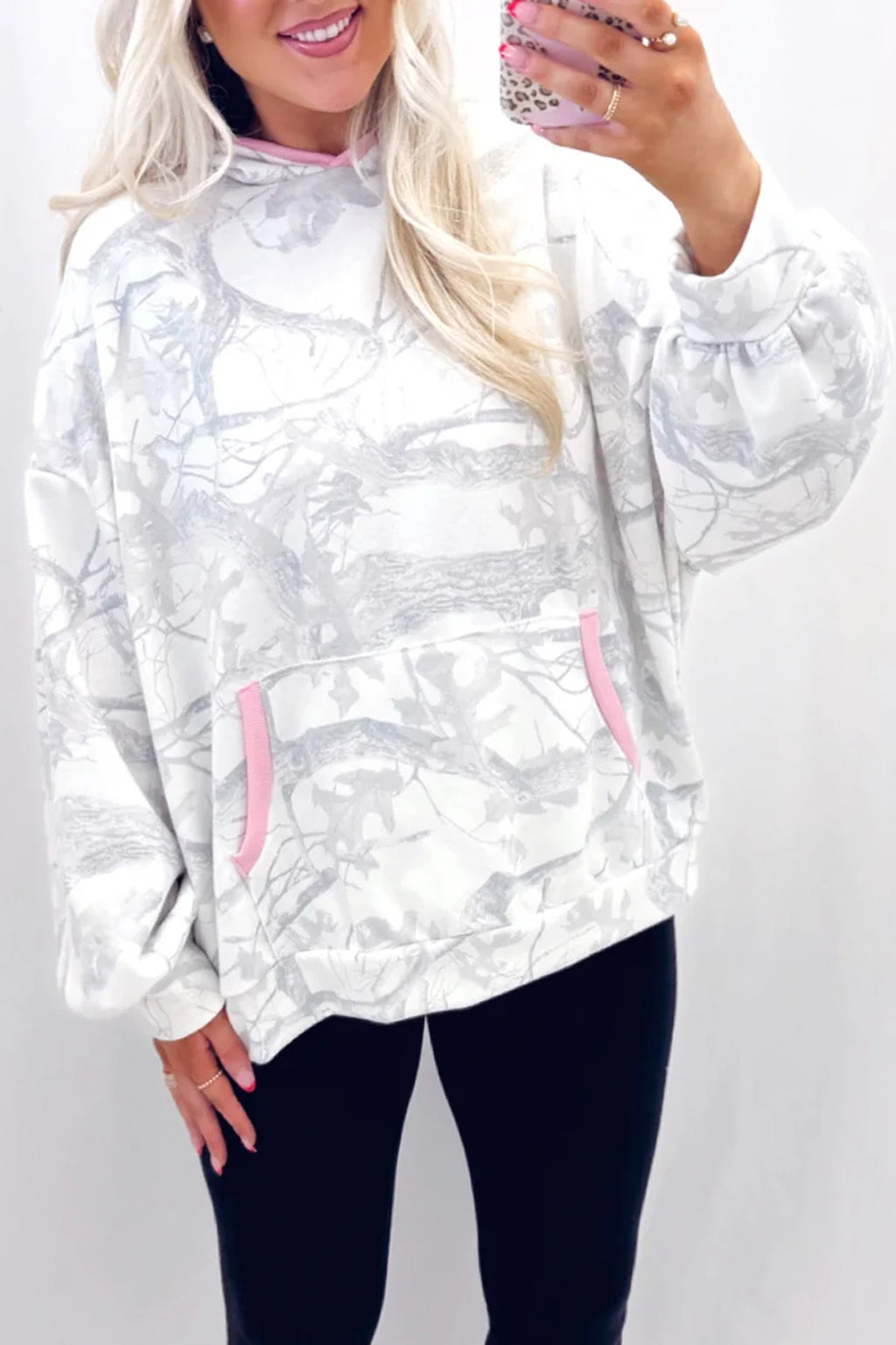Gray Abstract Print Colorblock Long Sleeve Hoodie PREORDER ETA 3 WEEKS