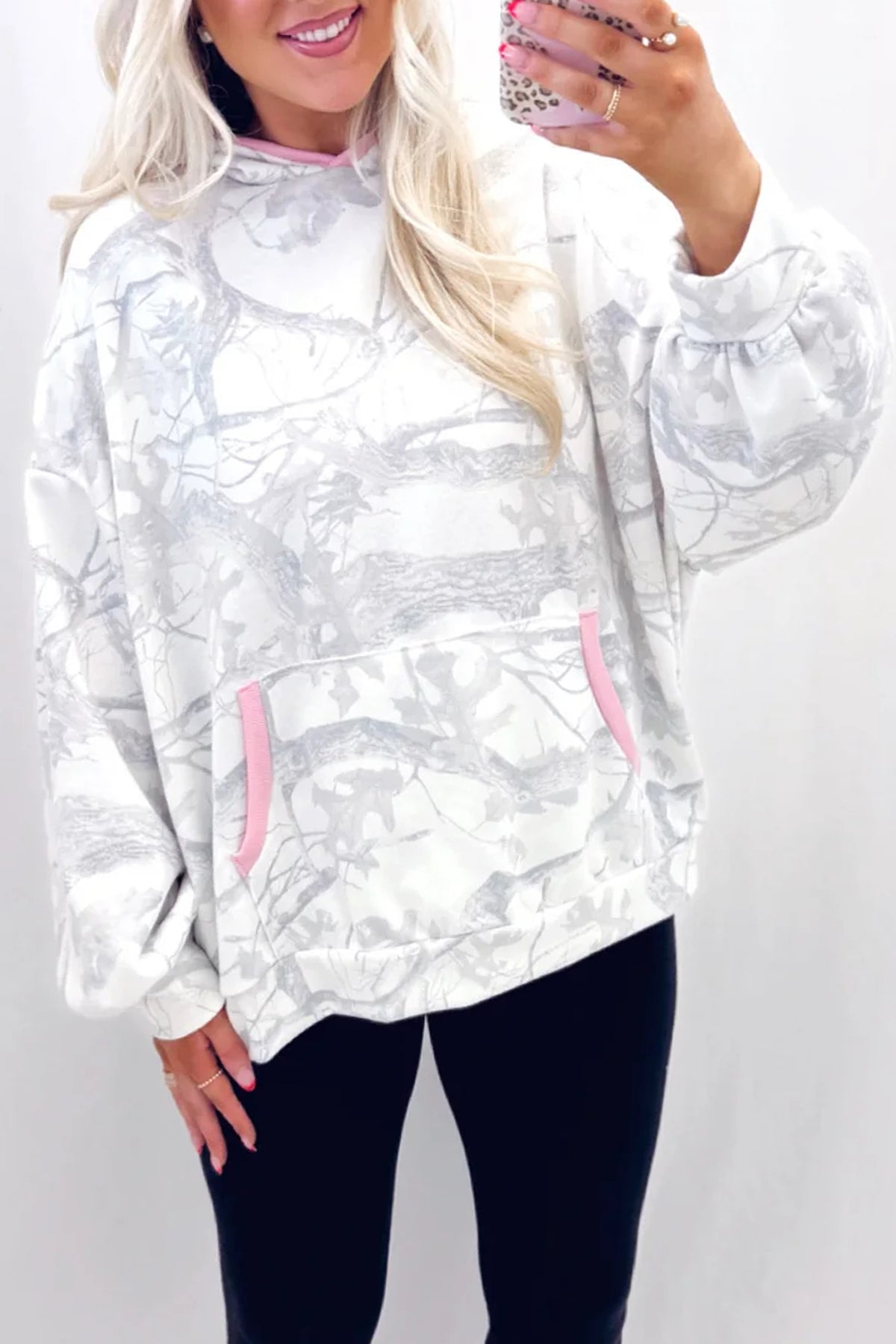 Gray Abstract Print Colorblock Long Sleeve Hoodie PREORDER ETA 3 WEEKS