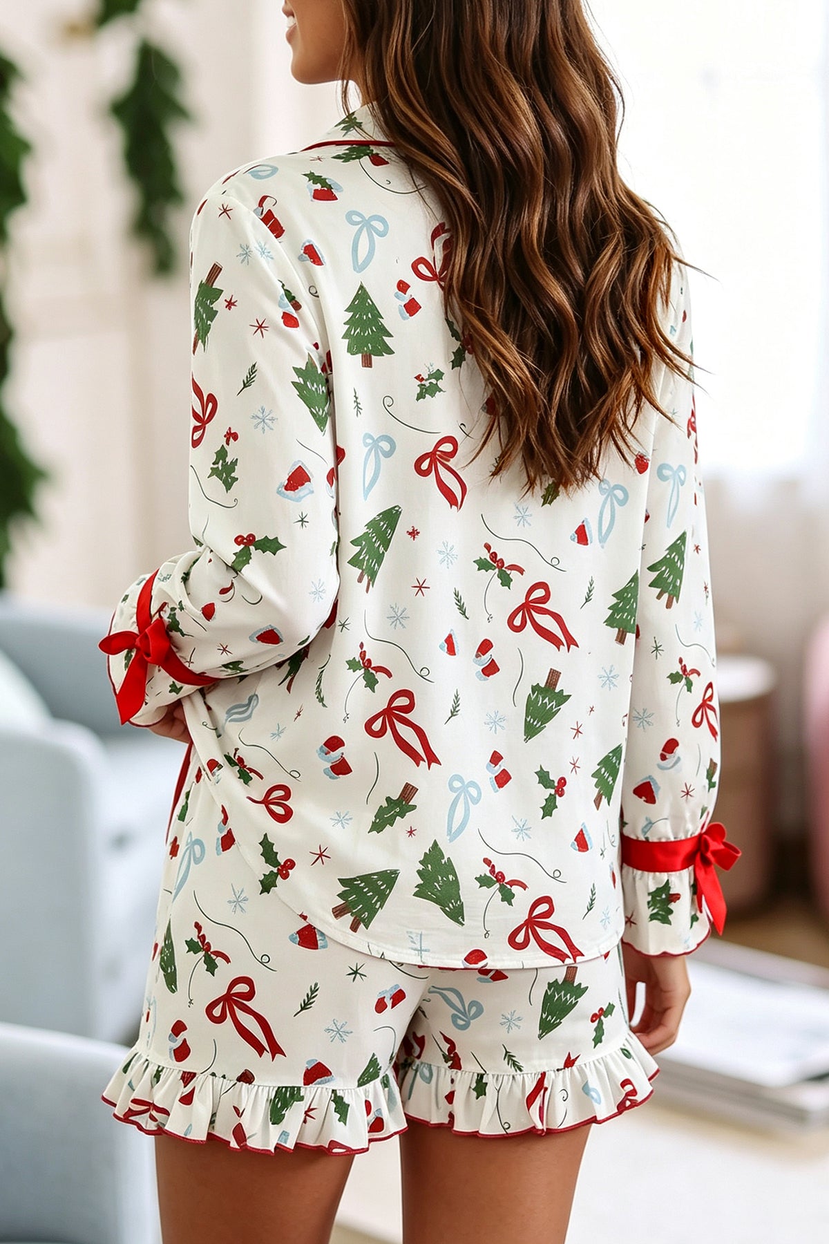 White Christmas Print Ruffle Cuff Long Sleeve Lounge Set PREORDER ETA 3 WEEKS