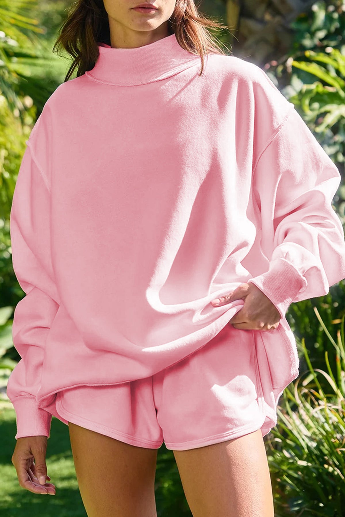Light Pink High Neck Exposed Seam Drop Shoulder Baggy Pullover Short Set PREORDER ETA 3 WEEKS
