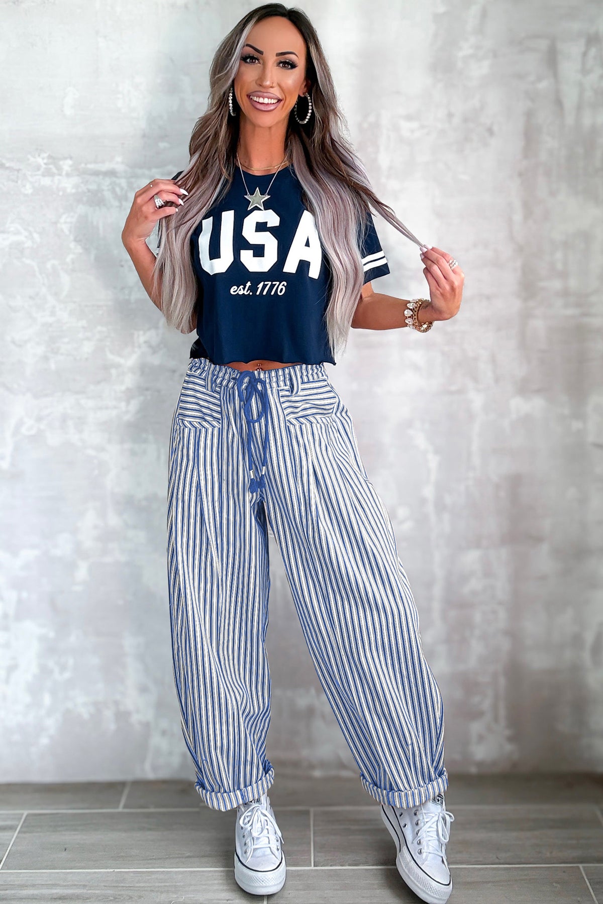 Blue Stripe Drawstring Casual Loose Pants PREORDER ETA 3 WEEKS