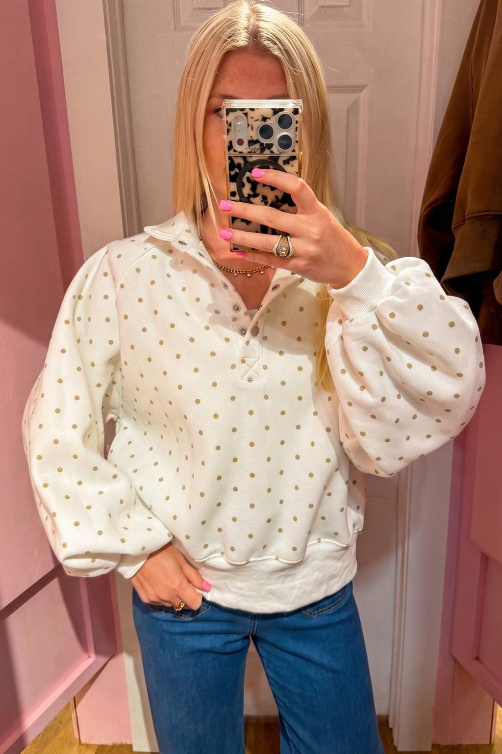 White Polka Dot Print Metal Button Collar Casual Pullover Sweatshirt PREORDER ETA 3 WEEKS