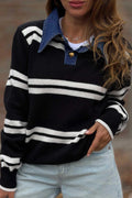 Black Stripe Denim Collar Patchwork Relaxed Knit Sweater PREORDER ETA 3 WEEKS