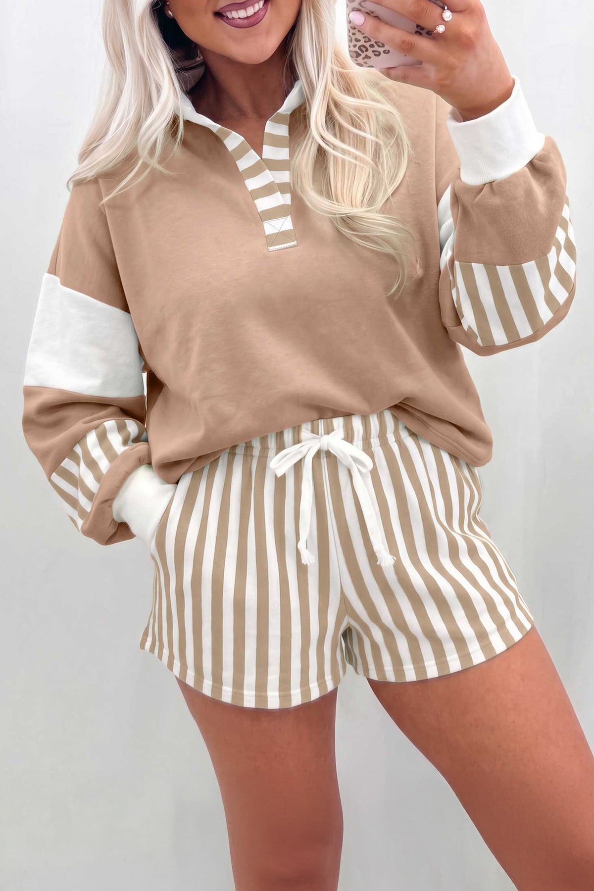 Black Striped Color Block Pullover Top Drawstring Shorts Set PREORDER ETA 3 WEEKS