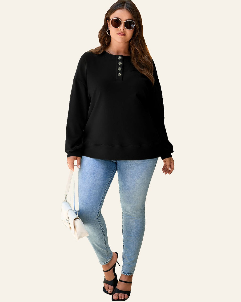 Black Solid Button Placket Crew Neck Plus Size Sweatshirt PREORDER ETA 3 WEEKS