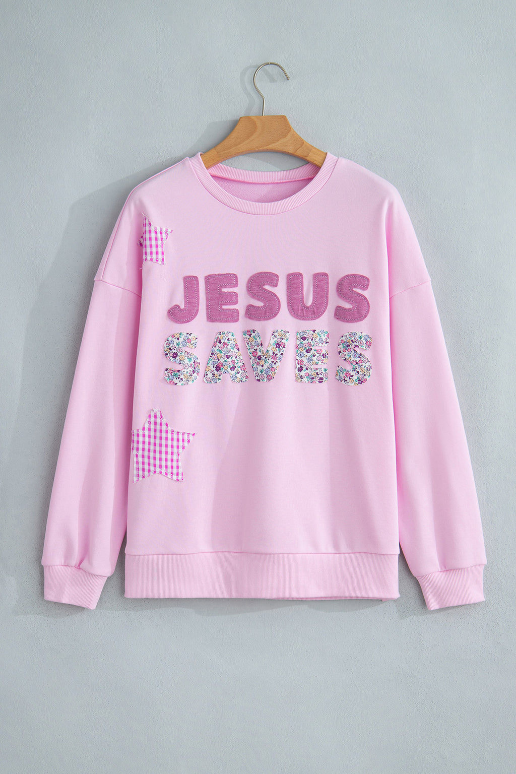 Pink JESUS SAVES Gingham Star Patchwork Detail Plus Size Sweatshirt PREORDER ETA 3 WEEKS