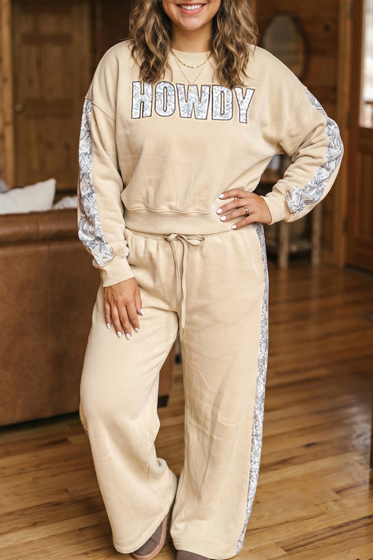 Parchment HOWDY Letter Print Colorblock Side Stripe Long Sleeve Plus Size Set PREORDER ETA 3 WEEKS