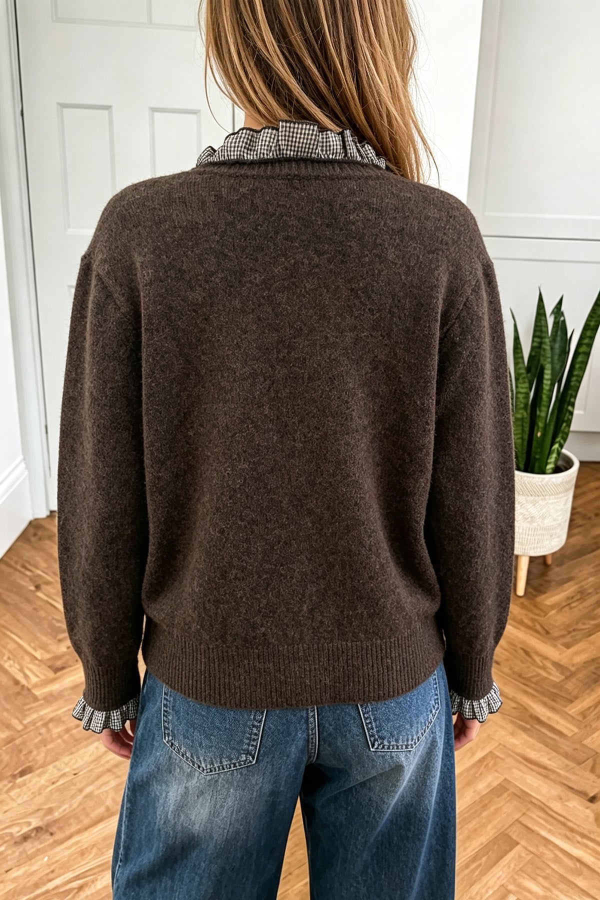 Chicory Coffee Plaid Ruffle Trim Patchwork Button Sweater Cardigan PREORDER ETA 3 WEEKS
