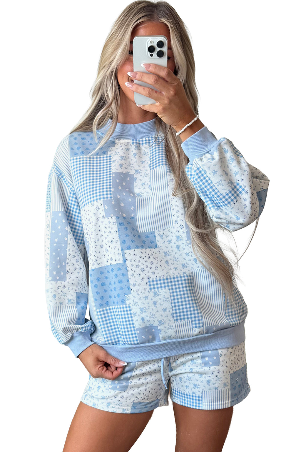 Sky Blue Patchwork Floral Print Drop Shoulder Baggy Pullover Drawstring Shorts Set PREORDER ETA 3 WEEKS