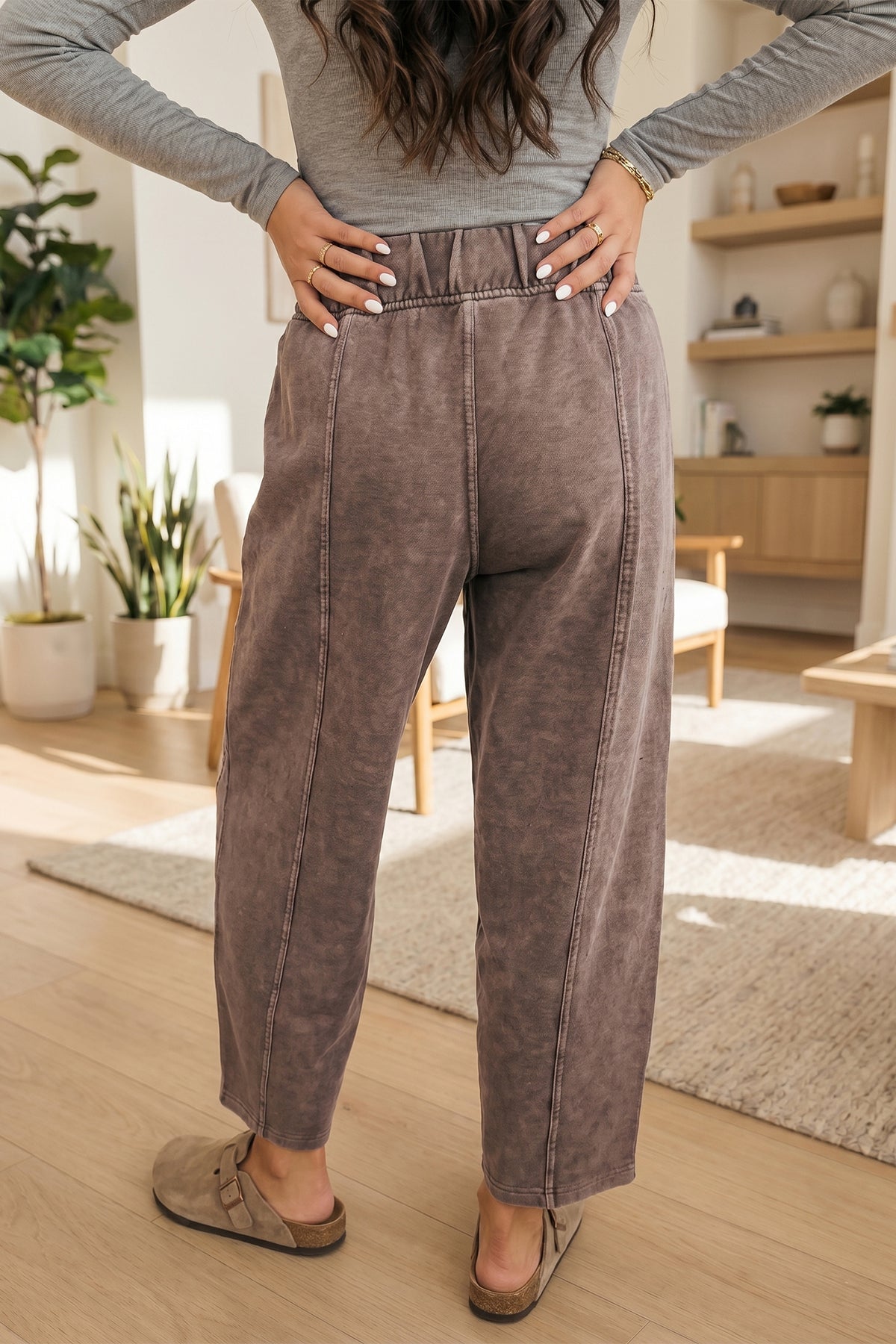 Coffee Mineral Wash Seam Detail Elastic Waist Barrel Pants PREORDER ETA 3 WEEKS