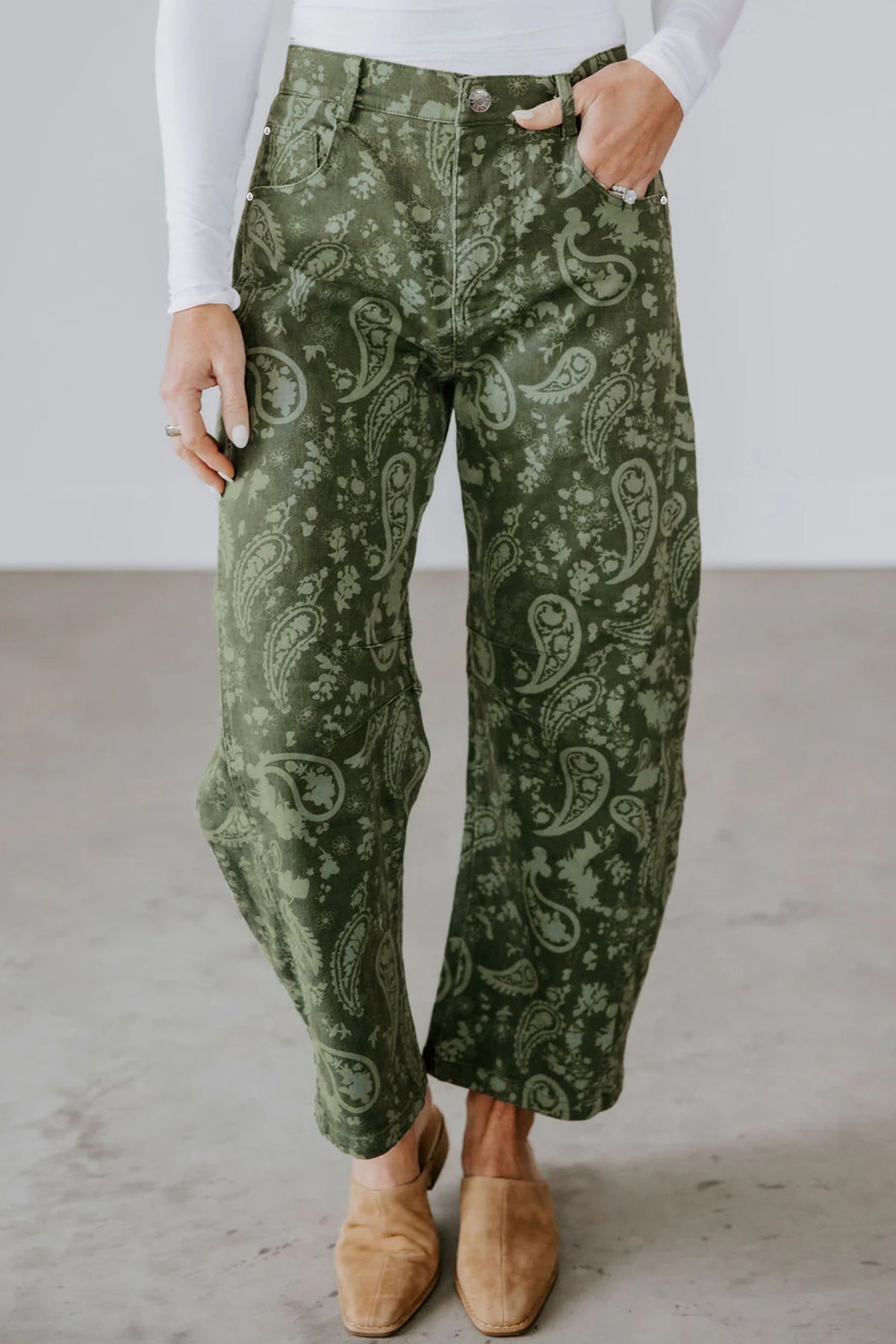 Green Paisley Print Harem Denim Pants PREORDER ETA 3 WEEKS