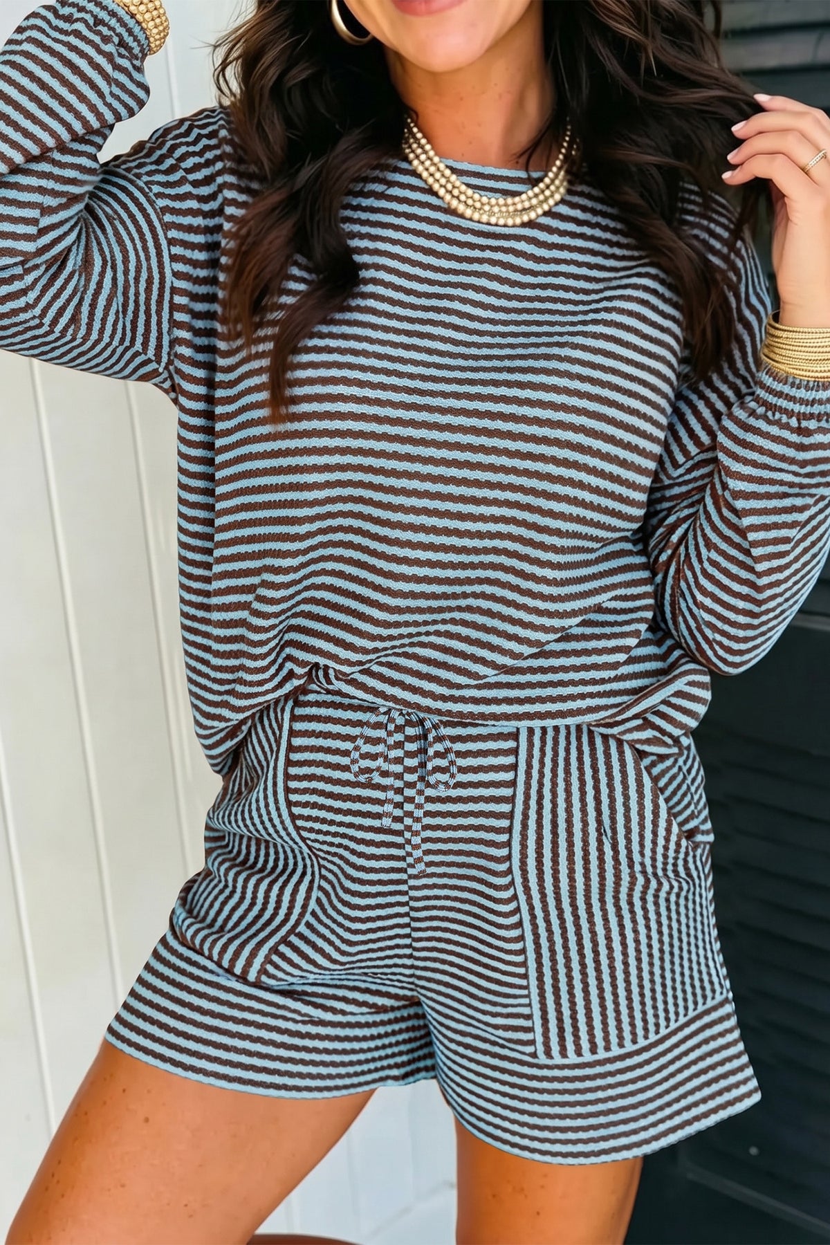 Sky Blue Stripe Textured Knit Long Sleeve Top Elastic Waist Shorts Casual Outfit PREORDER ETA 3 WEEKS