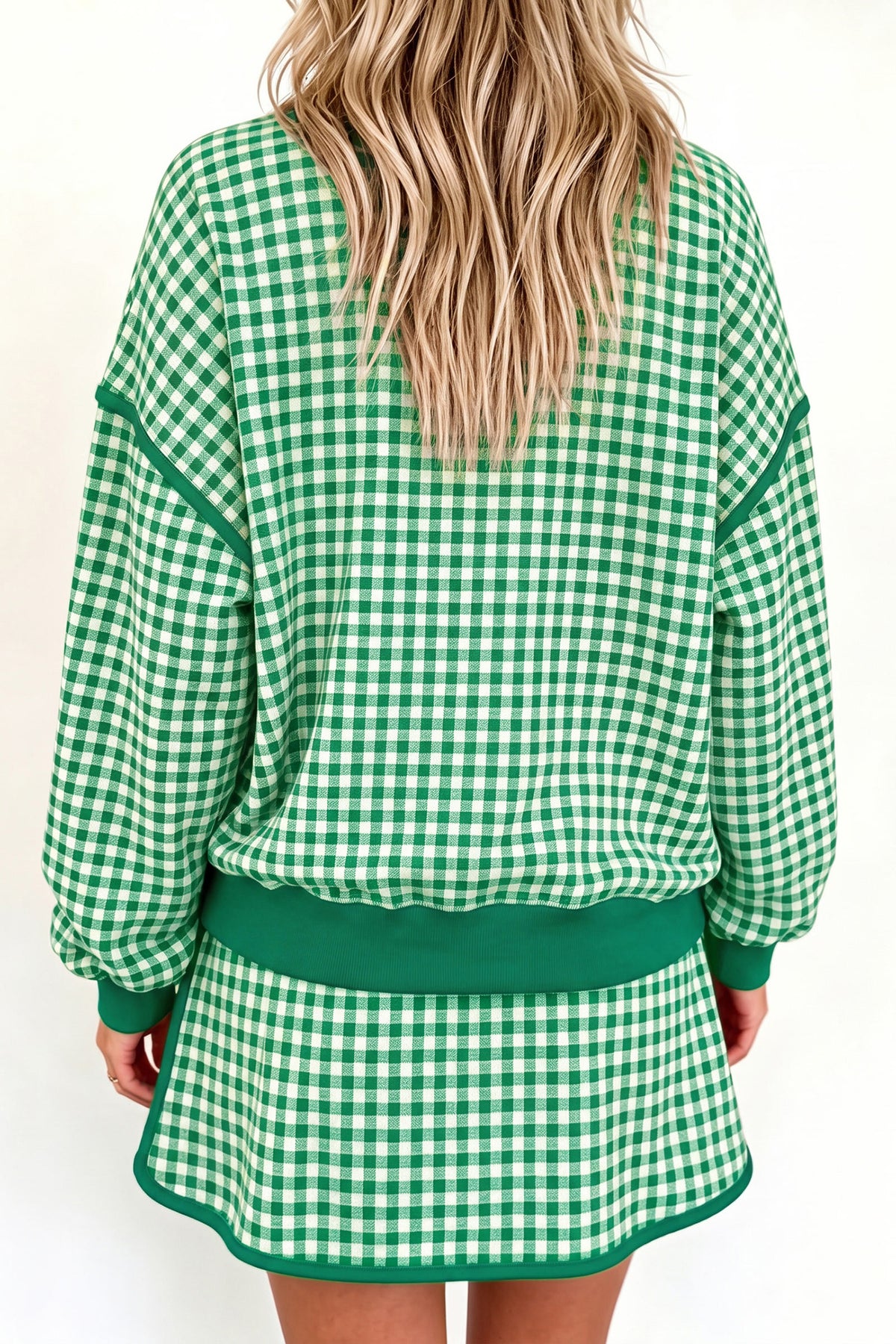 Green Gingham Oversized Ribbed Trim Crew Neck Long Sleeve Top and Skort Set PREORDER ETA 3 WEEKS