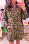 Brown Leopard Polka Dot Patchwork Detail Zip Neck Long Sleeve Mini Dress PREORDER ETA 3 WEEKS