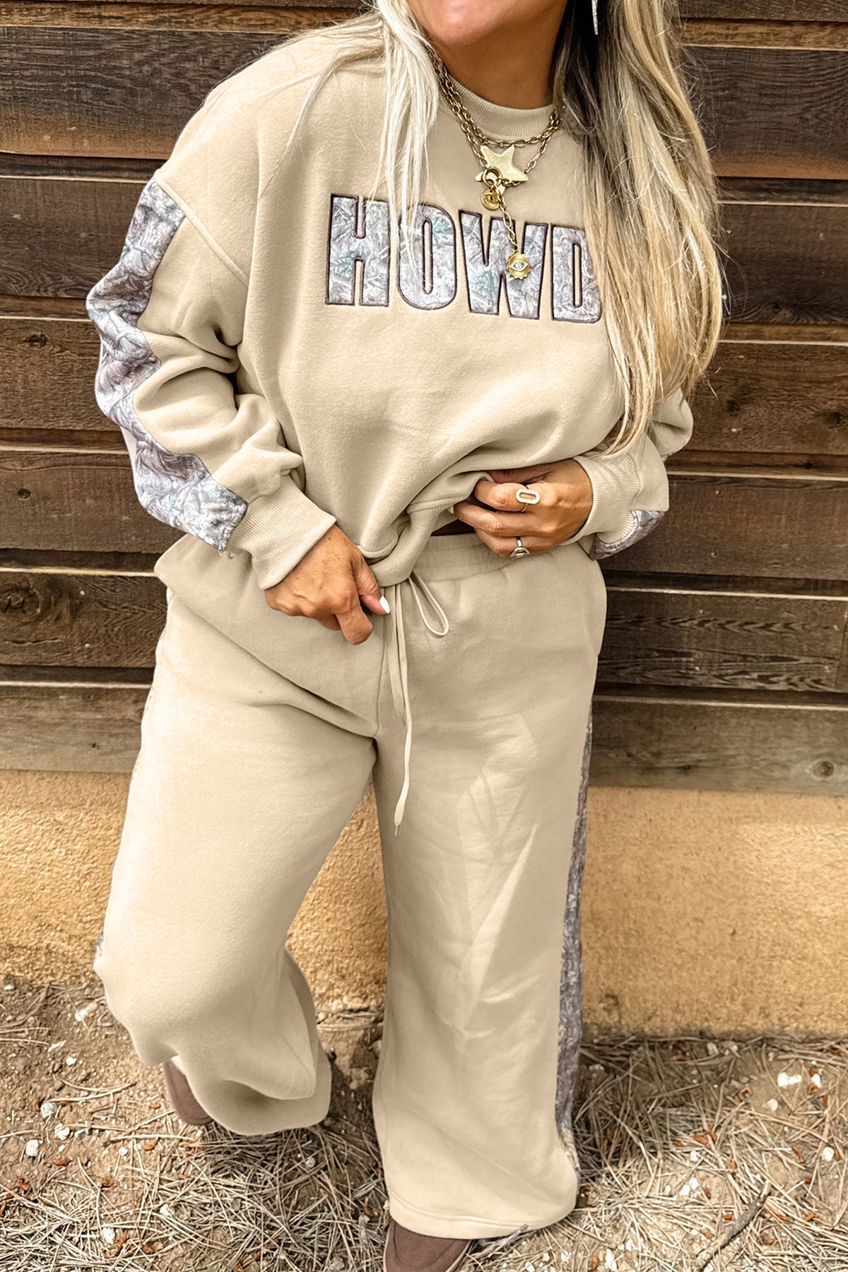 Parchment HOWDY Letter Print Colorblock Side Stripe Long Sleeve Plus Size Set PREORDER ETA 3 WEEKS