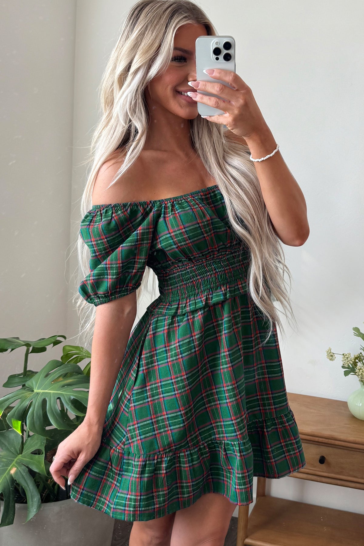 Green Plaid Shirred U Neck Short Sleeve Mini Dress PREORDER ETA 3 WEEKS