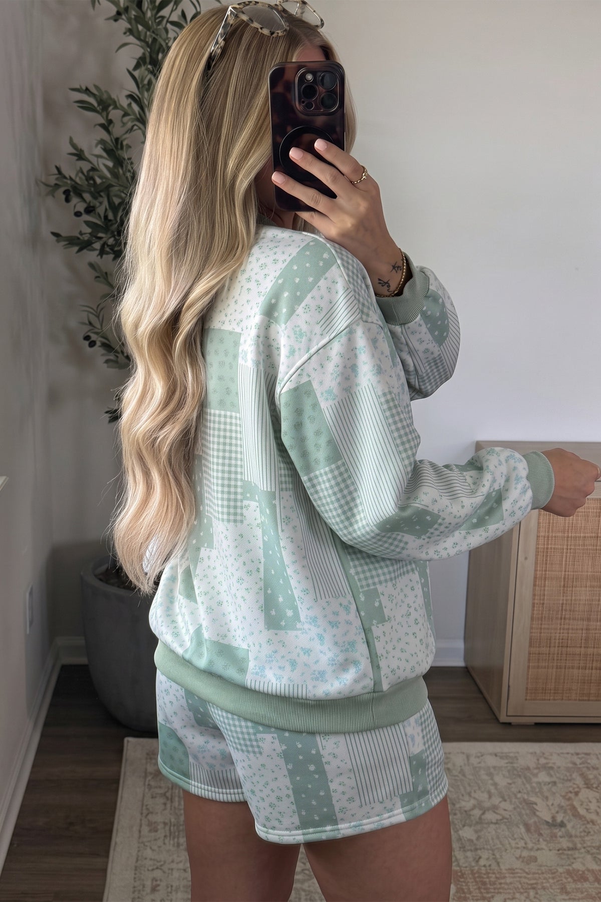 Sky Blue Patchwork Floral Print Drop Shoulder Baggy Pullover Drawstring Shorts Set PREORDER ETA 3 WEEKS