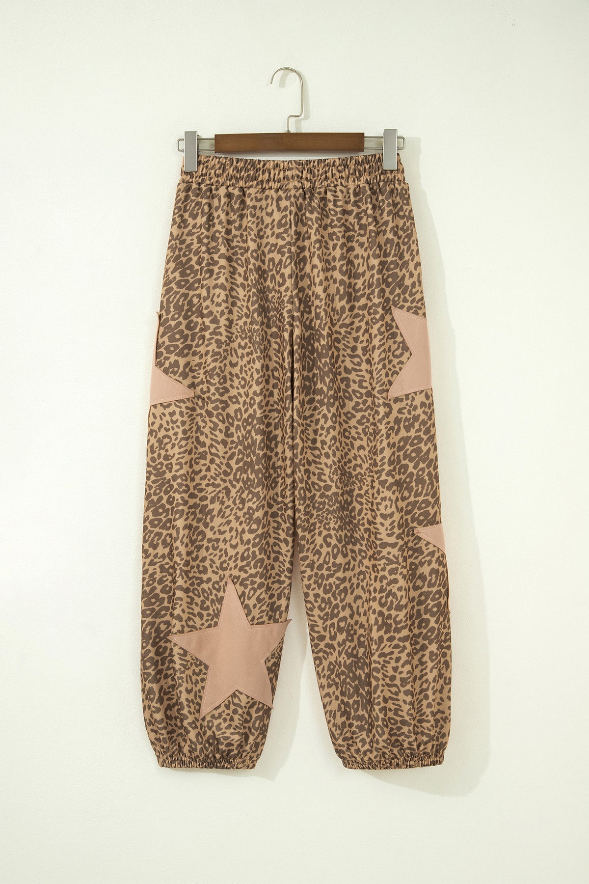 Khaki Leopard Print Star Patched Drawstring Elastic Waist Jogger Pants PREORDER ETA 3 WEEKS
