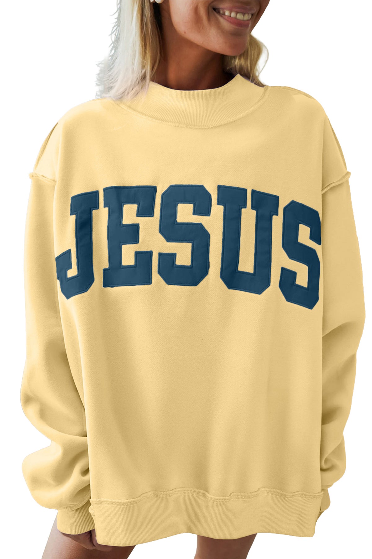 Banana Cream JESUS Letter Patch Graphic Exposed Seam Mock Neck Baggy Sweatshirt PREORDER ETA 3 WEEKS