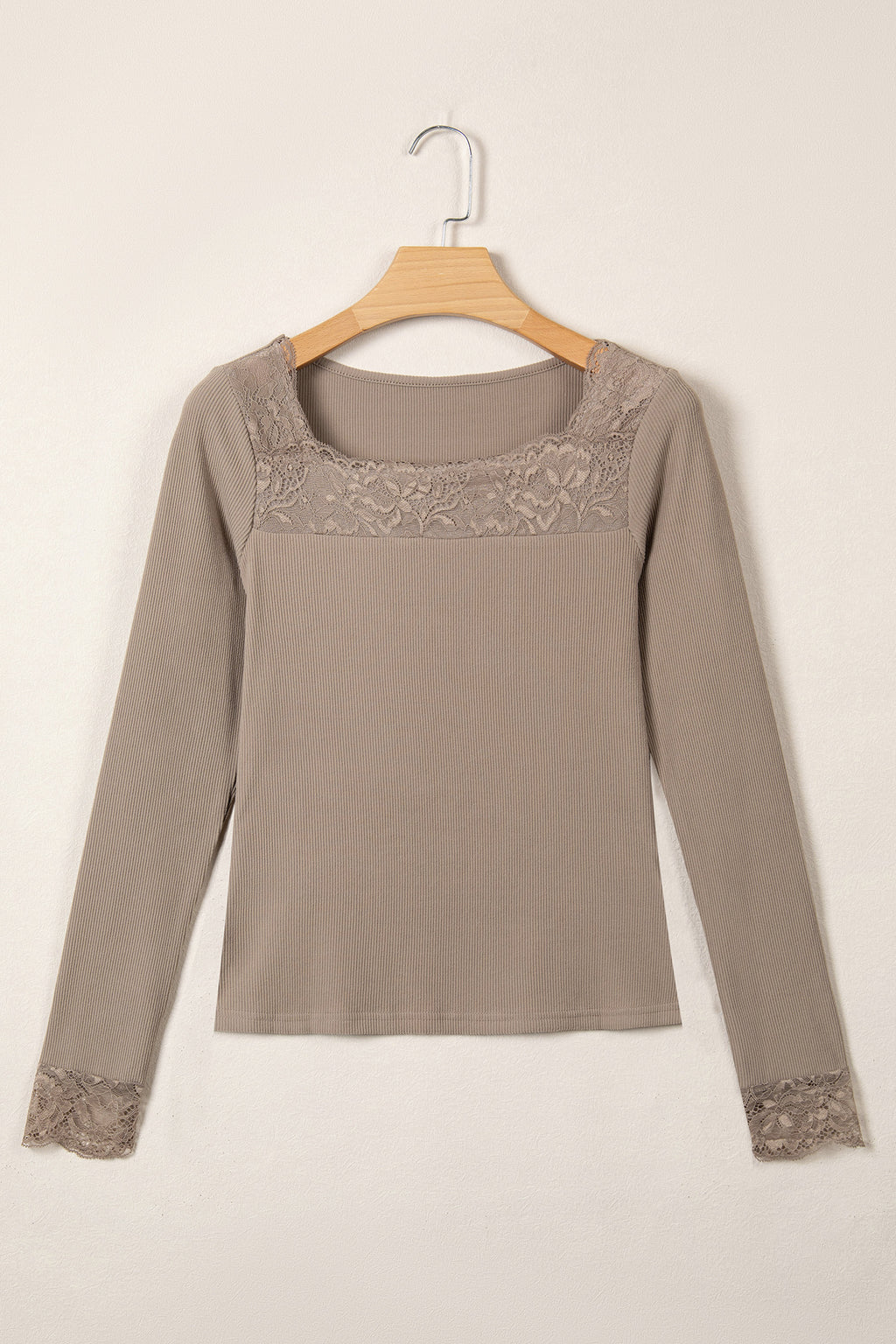 DUNE Solid Color Ribbed Lace Neck Long Sleeve Top