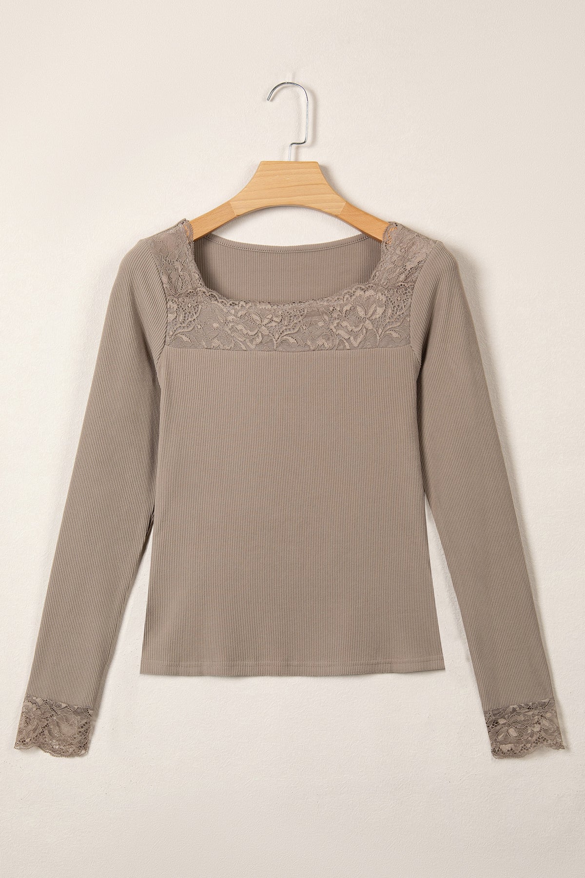 DUNE Solid Color Ribbed Lace Neck Long Sleeve Top