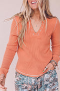 Flamingo V Neck Ribbed Stitched Detail Long Sleeve Top PREORDER ETA 3 WEEKS