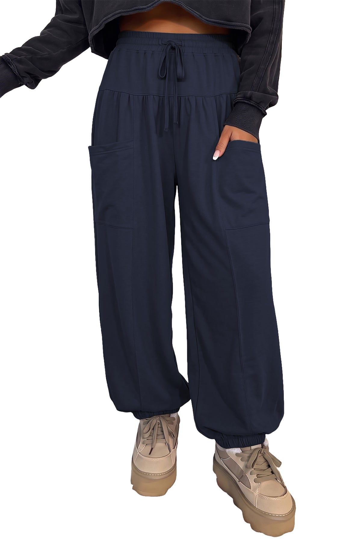 Dirty blue Elastic Waist Drawstring Wide Leg Full Length Pants PREORDER ETA 3 WEEKS