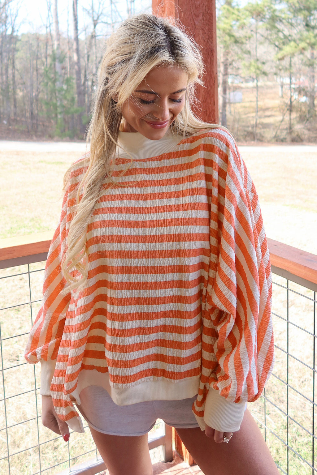 Orange Stripe Textured Contrast High Neck Long Sleeve Top Elastic Waist Pants 2pcs Set PREORDER ETA 3 WEEKS