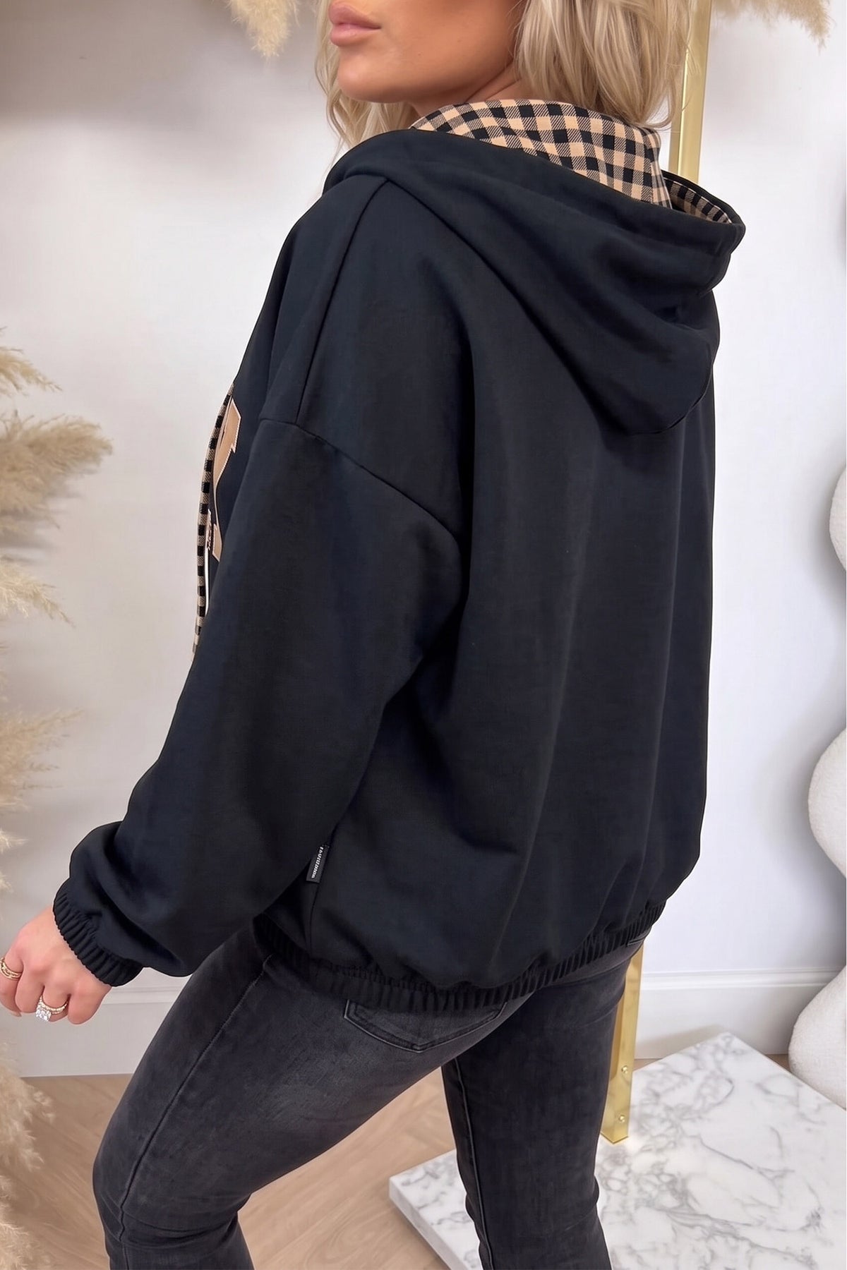 Black PRAY Mix Pattern Letter Graphic Plaid Contrast Drawstring Hoodie PREORDER ETA 3 WEEKS