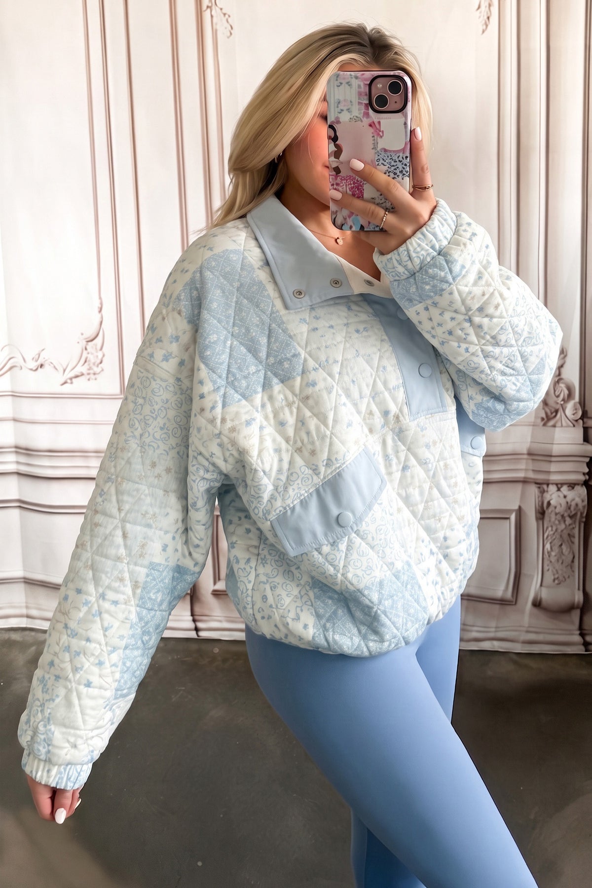 Multicolour Floral Quilted Half Button Pocketed Pullover Sweatshirt PREORDER ETA 3 WEEKS