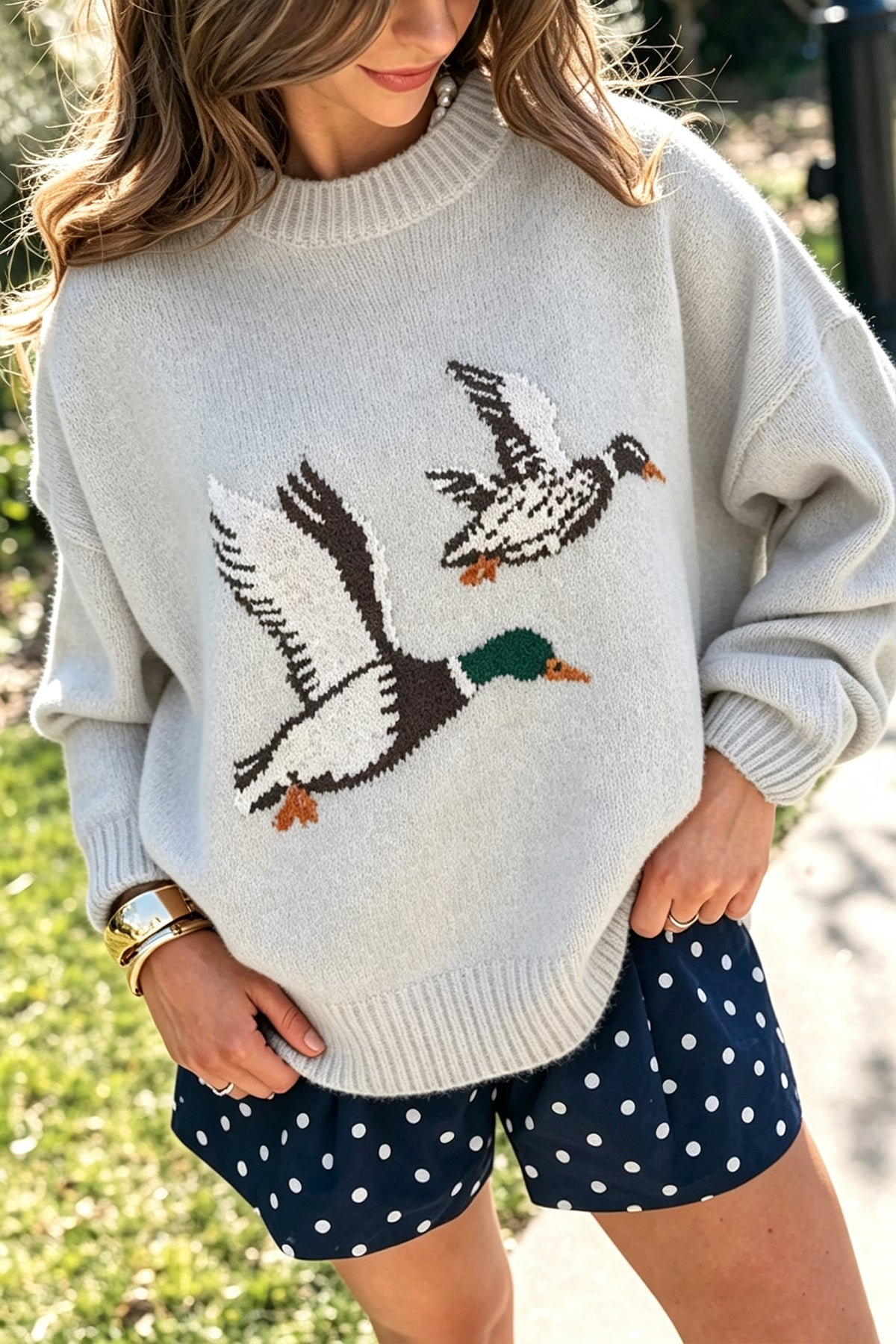 Light Grey Flying Mallard Pattern Round Neck Drop Shoulder Knit Sweater PREORDER ETA 3 WEEKS