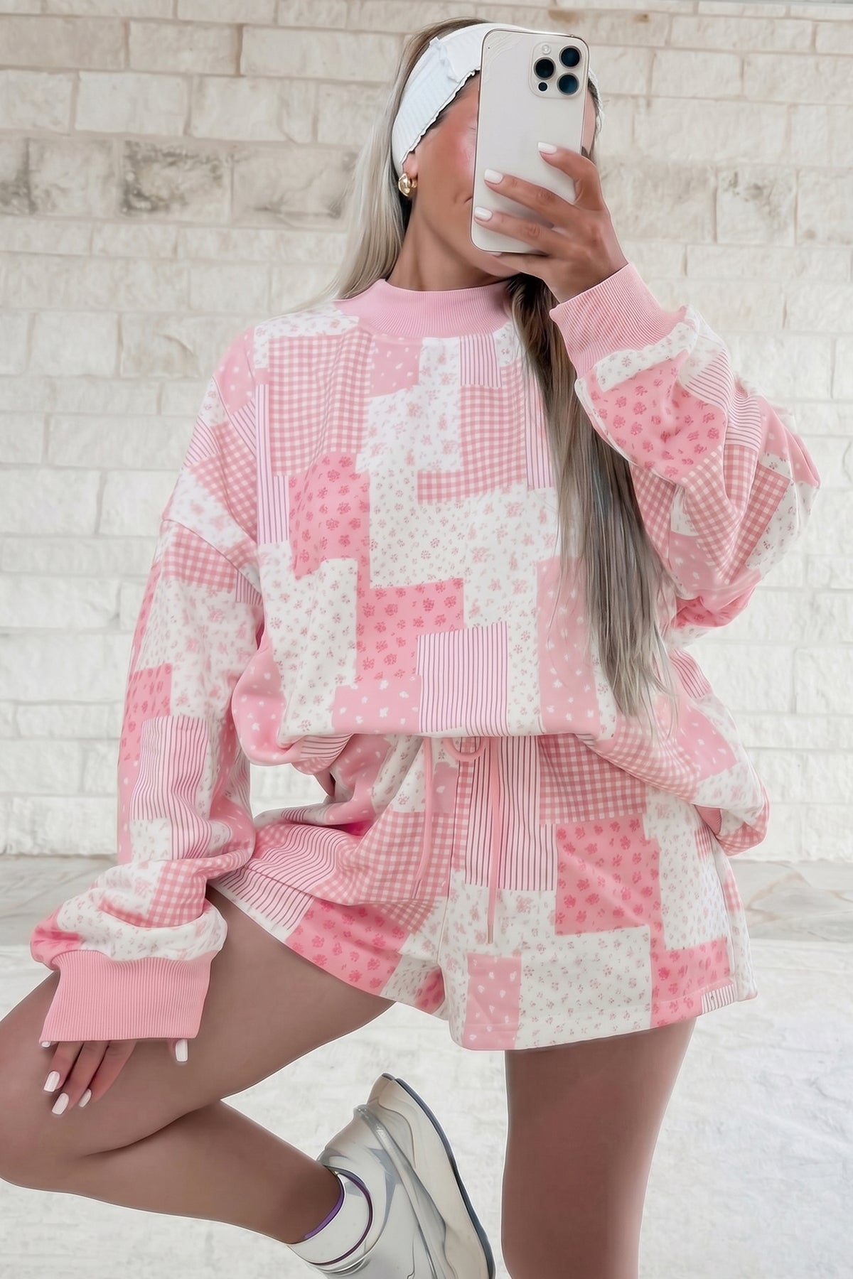 Sky Blue Patchwork Floral Print Drop Shoulder Baggy Pullover Drawstring Shorts Set PREORDER ETA 3 WEEKS