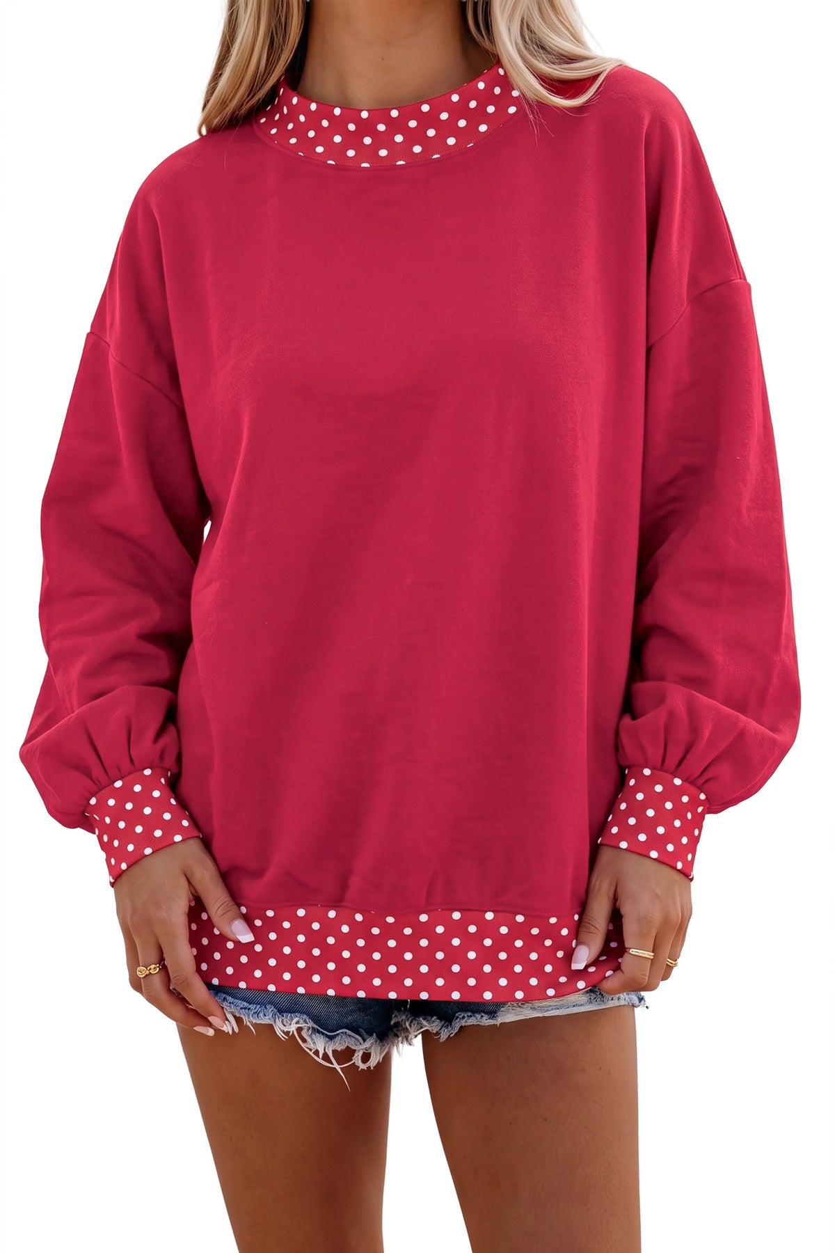 Red Dahlia Colorblock Polka Dot Contrast Trim Oversized Sweatshirt PREORDER ETA 3 WEEKS