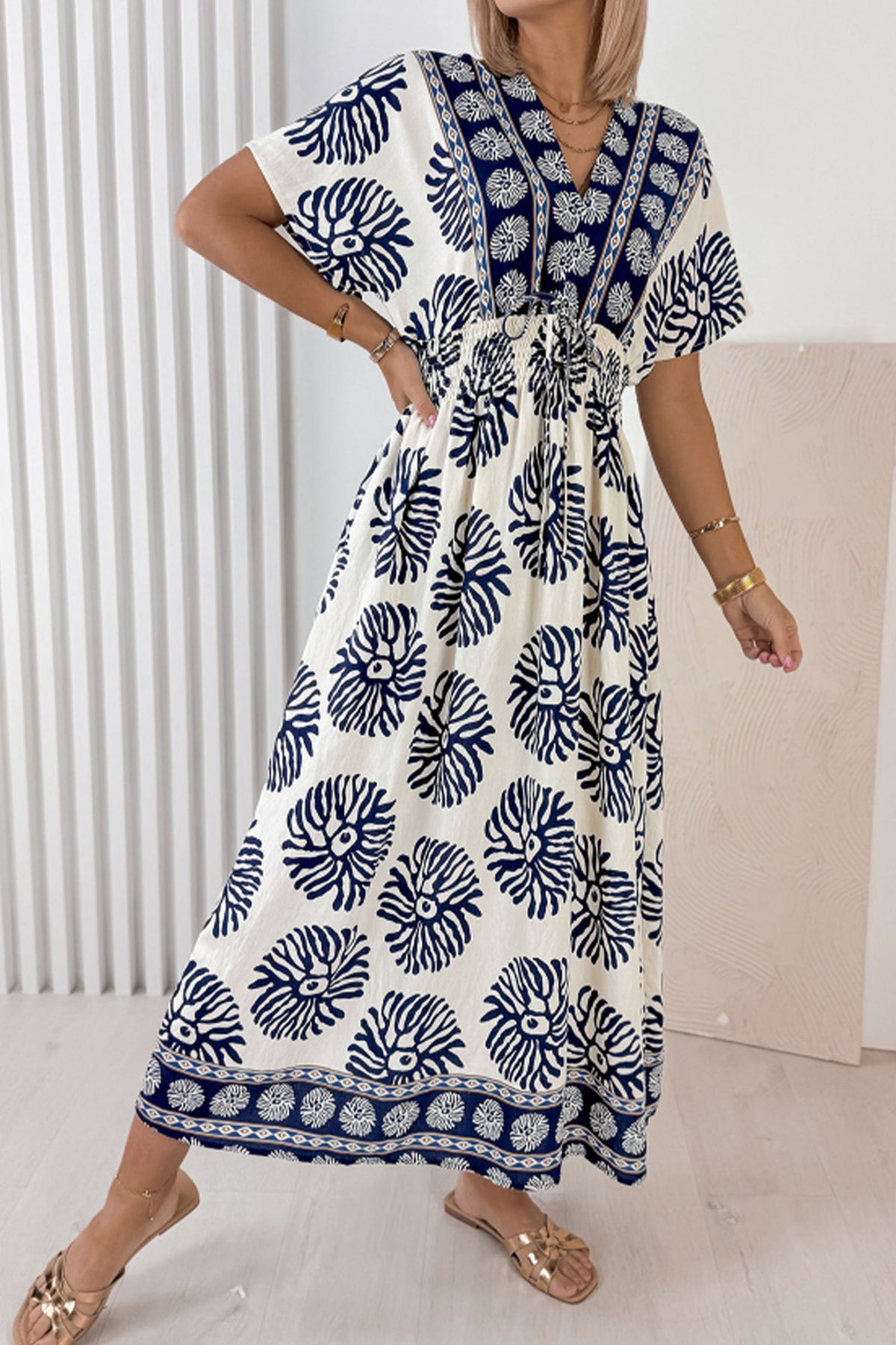 Blue Boho Floral Print Contrast Patchwork V Neck Dolman Maxi Dress PREORDER ETA 3 WEEKS